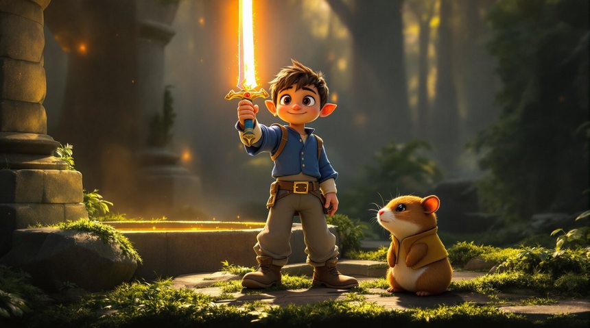 Spark climax image: a young hero holding a glowing sword in an enchanted forest