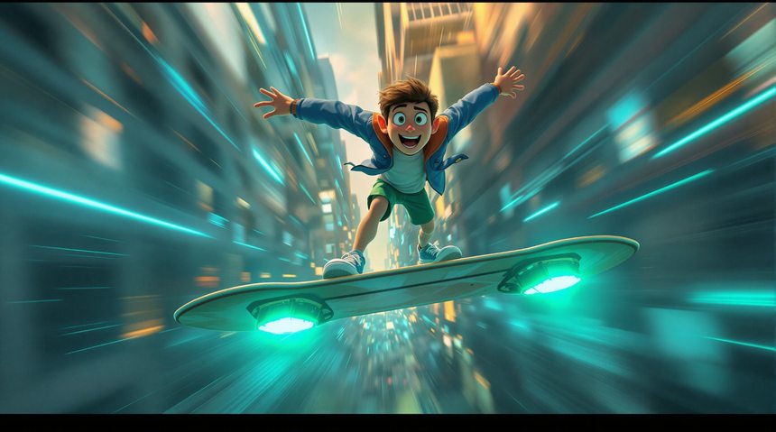 Spark climax image: a kid soaring on a glowing hoverboard through a neon city