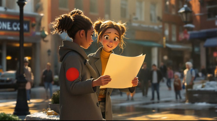 Spark climax image: two young detectives studying a mysterious clue on a street
